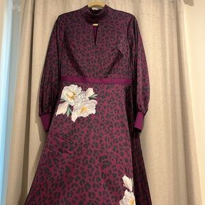 Ted Baker London Purple Navy Cheetah with Flower Midi Dress, Ted Baker Size 3